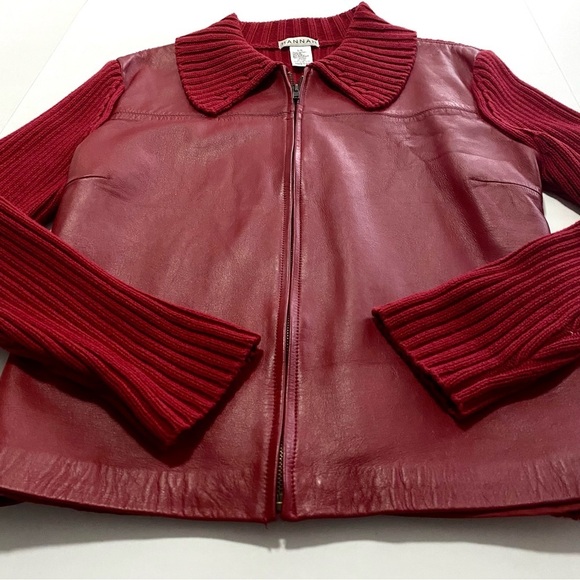 Red Leather Front Cotton Knit Sweater Back Large - Picture 6 of 14